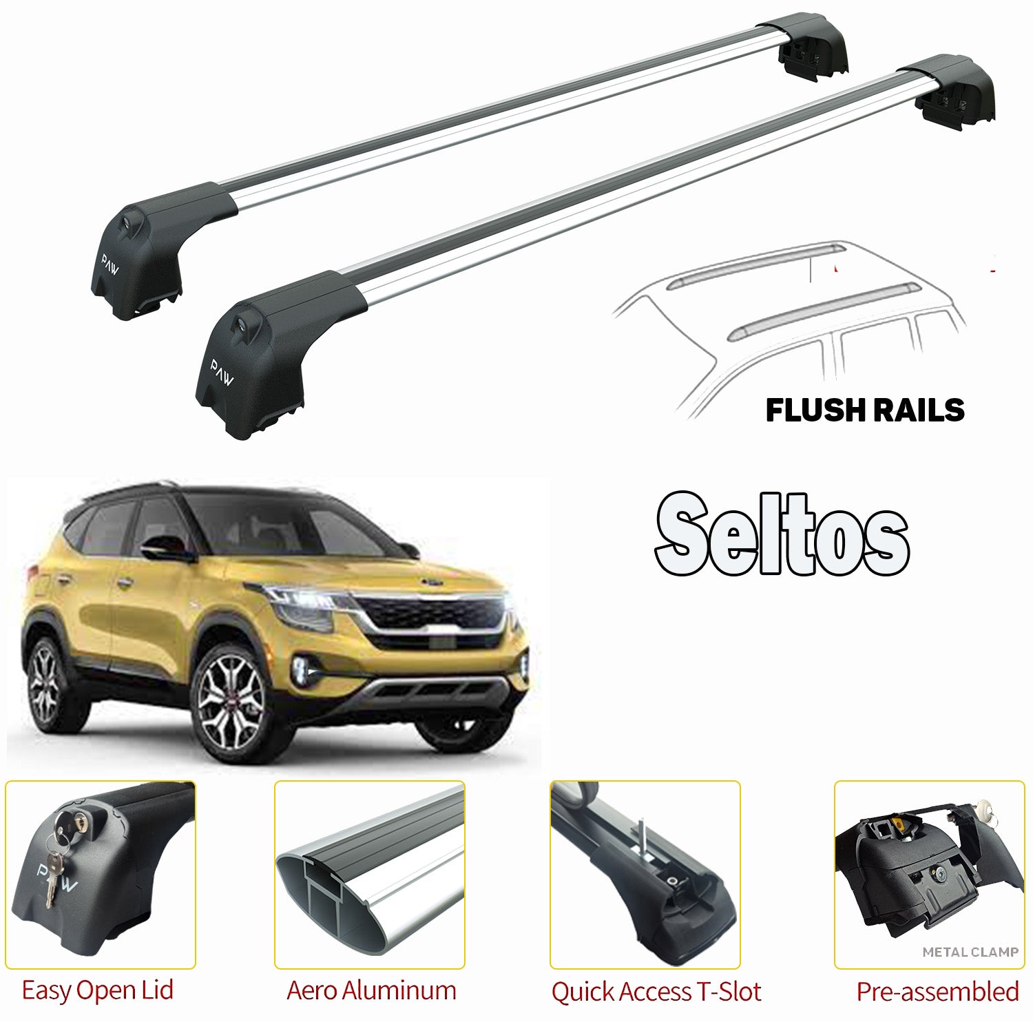 Kia Seltos Roof Rack-Crossbars Fits to for Flush Roof Rails Silver Color