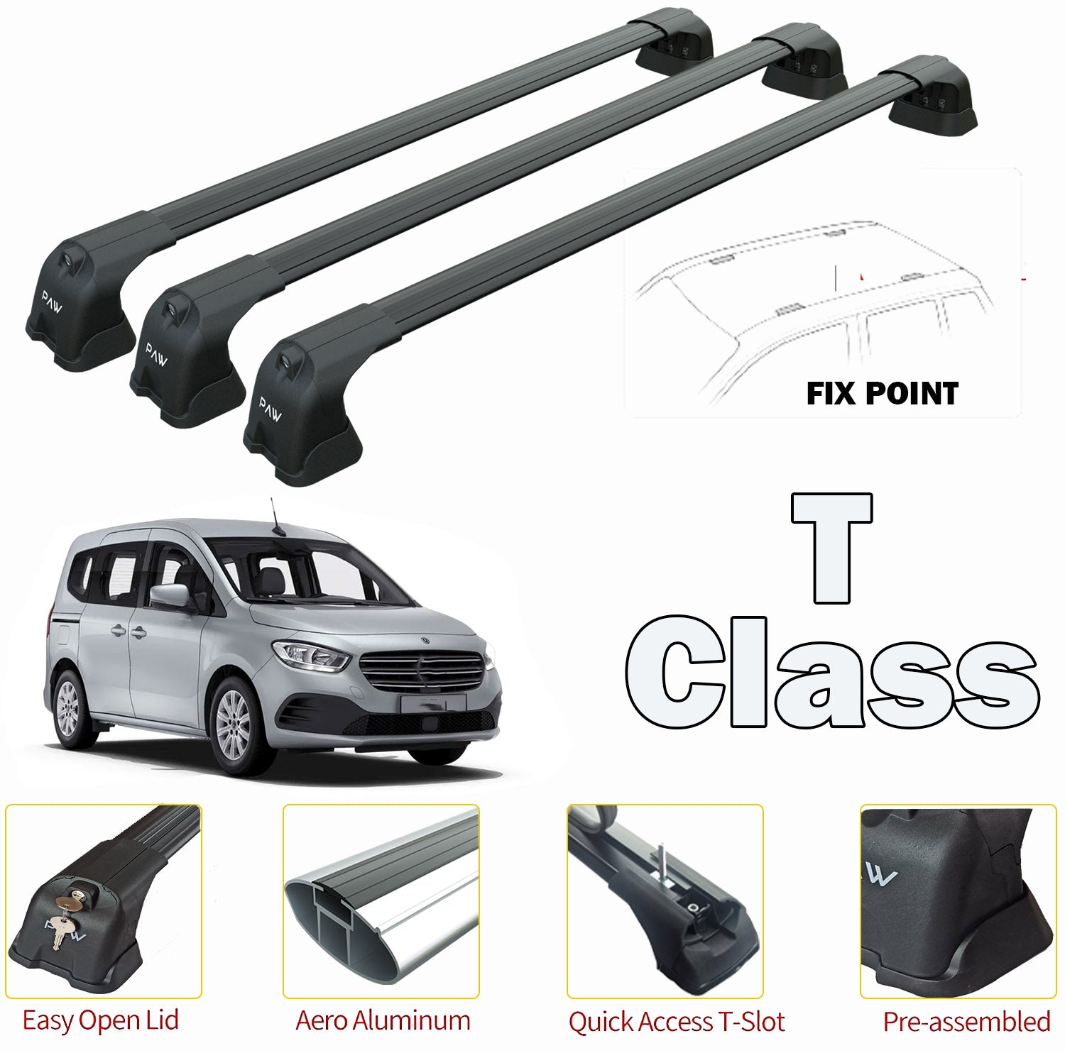 For Mercedes Citan 2022-Up 3 Pcs. Roof Rack System Carrier Cross Bars Aluminum Lockable High Quality of Metal Bracket Black