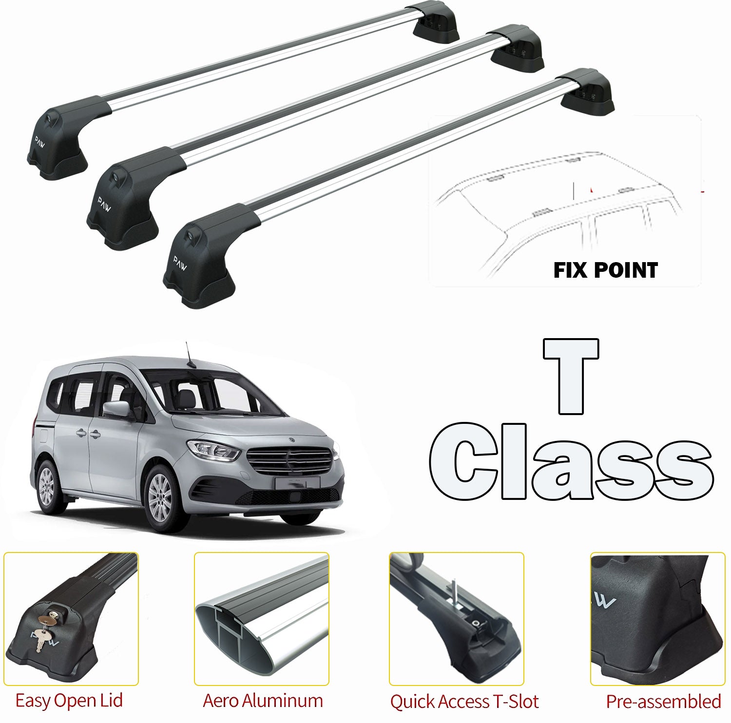 For Mercedes Citan 2022-Up 3 Pcs. Roof Rack System Carrier Cross Bars Aluminum Lockable High Quality of Metal Bracket Silver