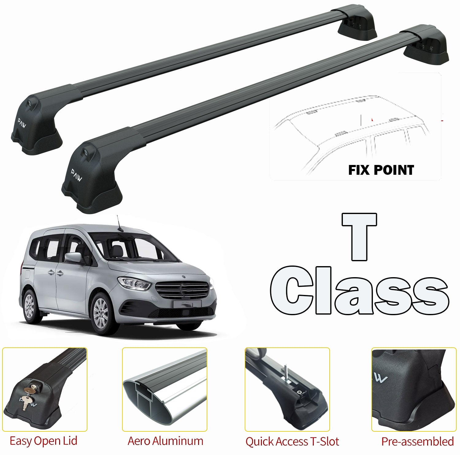 For Mercedes Citan 2022-Up 2 Pcs. Roof Rack System Carrier Cross Bars Aluminum Lockable High Quality of Metal Bracket Black