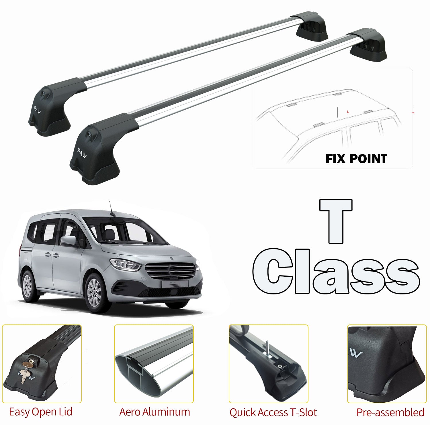 For Mercedes Citan 2022-Up 2 Pcs.  Roof Rack System Carrier Cross Bars Aluminum Lockable High Quality of Metal Bracket Silver