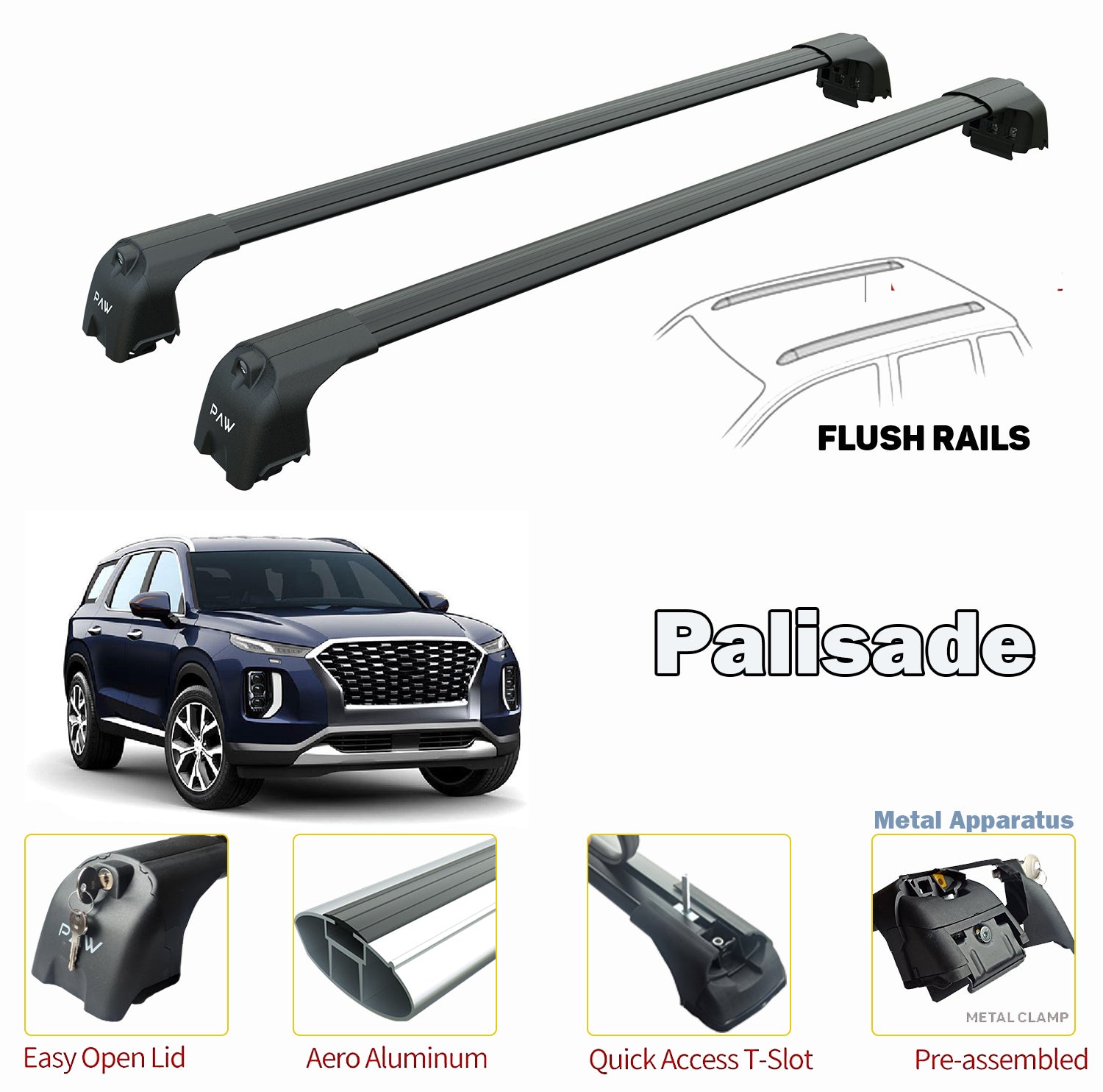 Hyundai Palisade Roof Rack Bars For Vehicles With Flush Roof Rails Black 2020-->