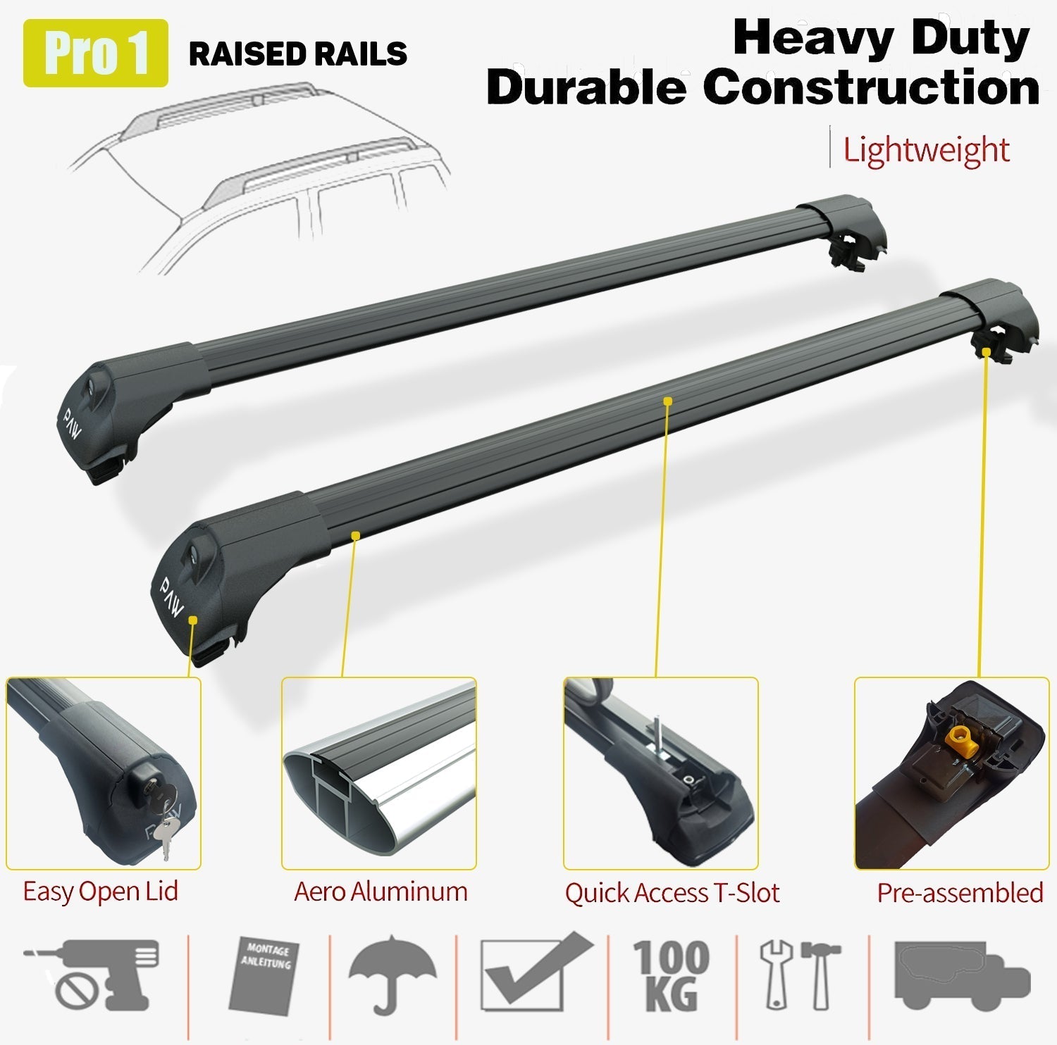 For Ssangyong Musso 2018-Up Roof Rack System, Aluminium Cross Bar, Metal Bracket, Raised Rail, Silver