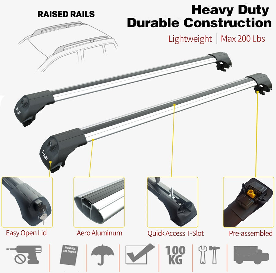 For Volkswagen T-Cross Roof Rack System, Aluminium Cross Bar Raised Rail, Black 2019- Up