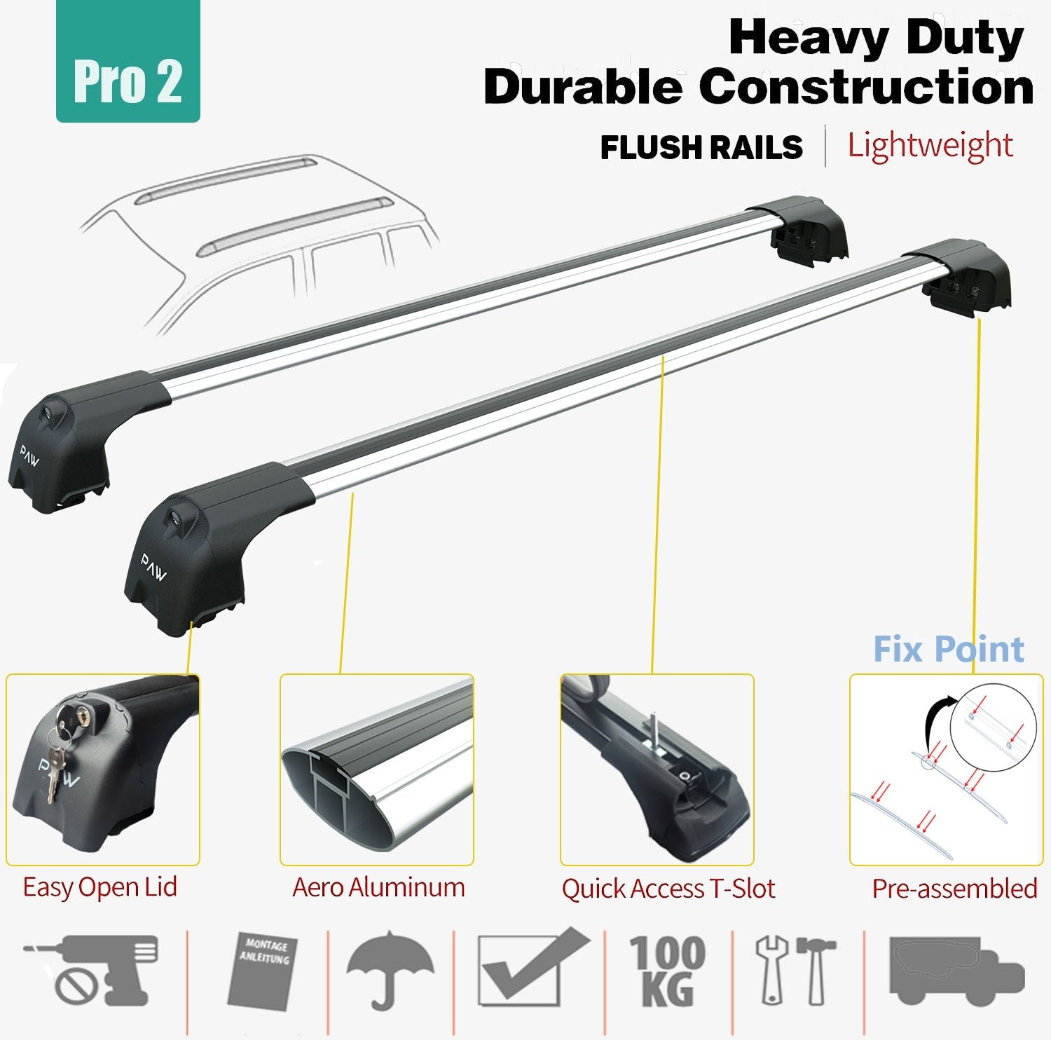 Jeep Compass Roof Rack-Crossbars Fits to for Flush Roof Rails Silver Color 2011-2017