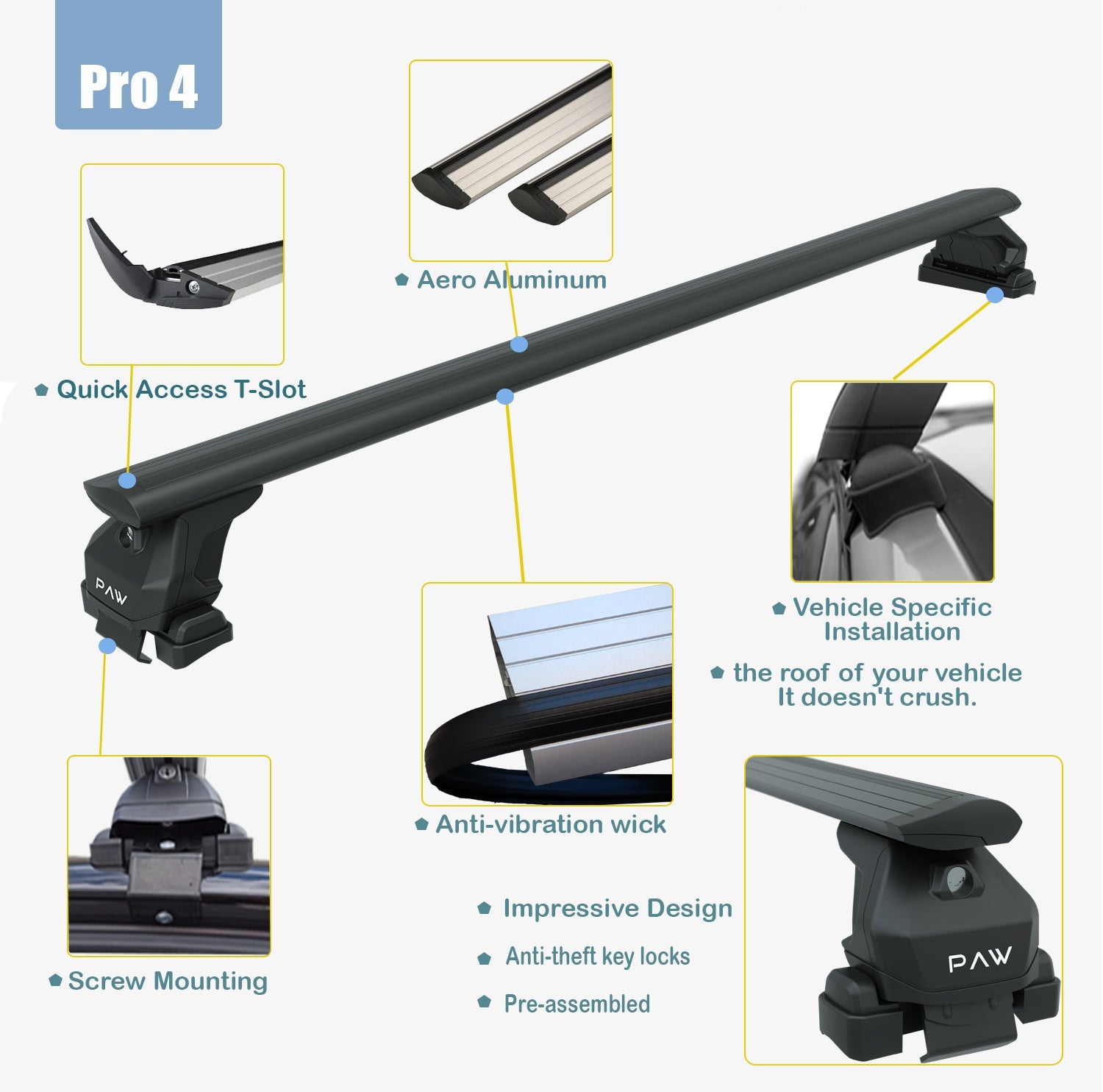For Peugeot 2008 Lockable Aluminium Roof bars with standard roof Pro 4 Silver 2019-->Up