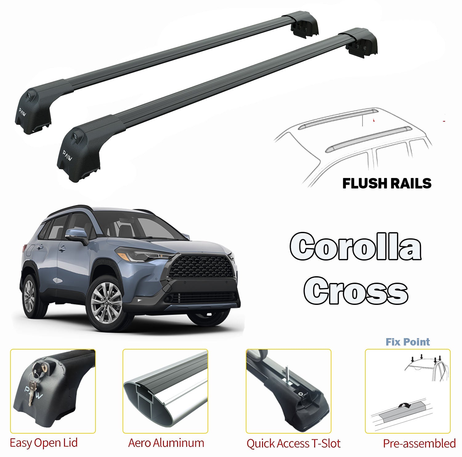 For Toyota Corolla Cross 2022-Up Roof Rack System Carrier Cross Bars Aluminum Lockable High Quality of Metal Bracket Black