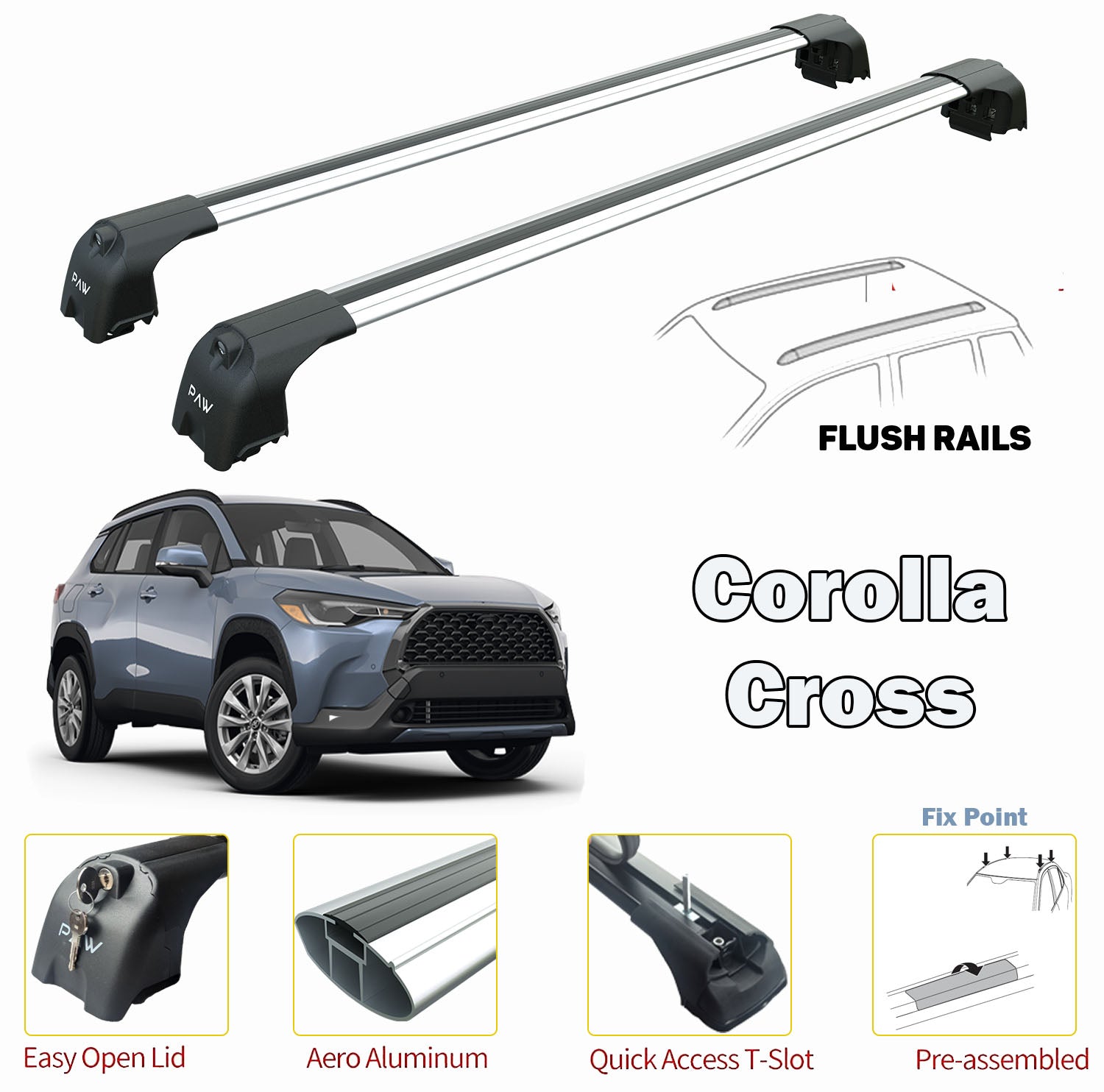 For Toyota Corolla Cross 2022-Up Roof Rack System Carrier Cross Bars Aluminum Lockable High Quality of Metal Bracket Silver