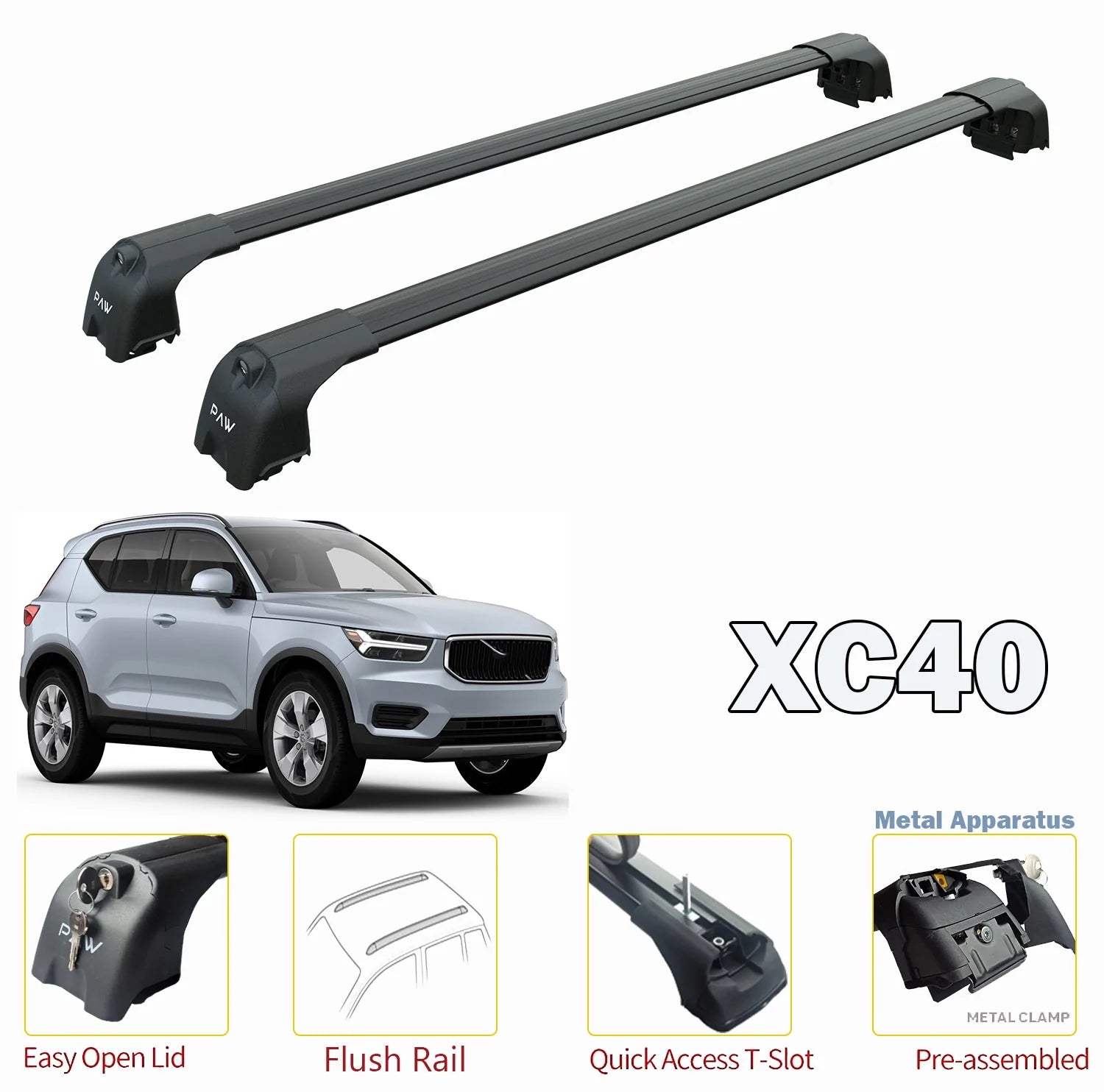 for Volvo XC40 Roof Rack Bars For Vehicles With Flush Roof Rails Black