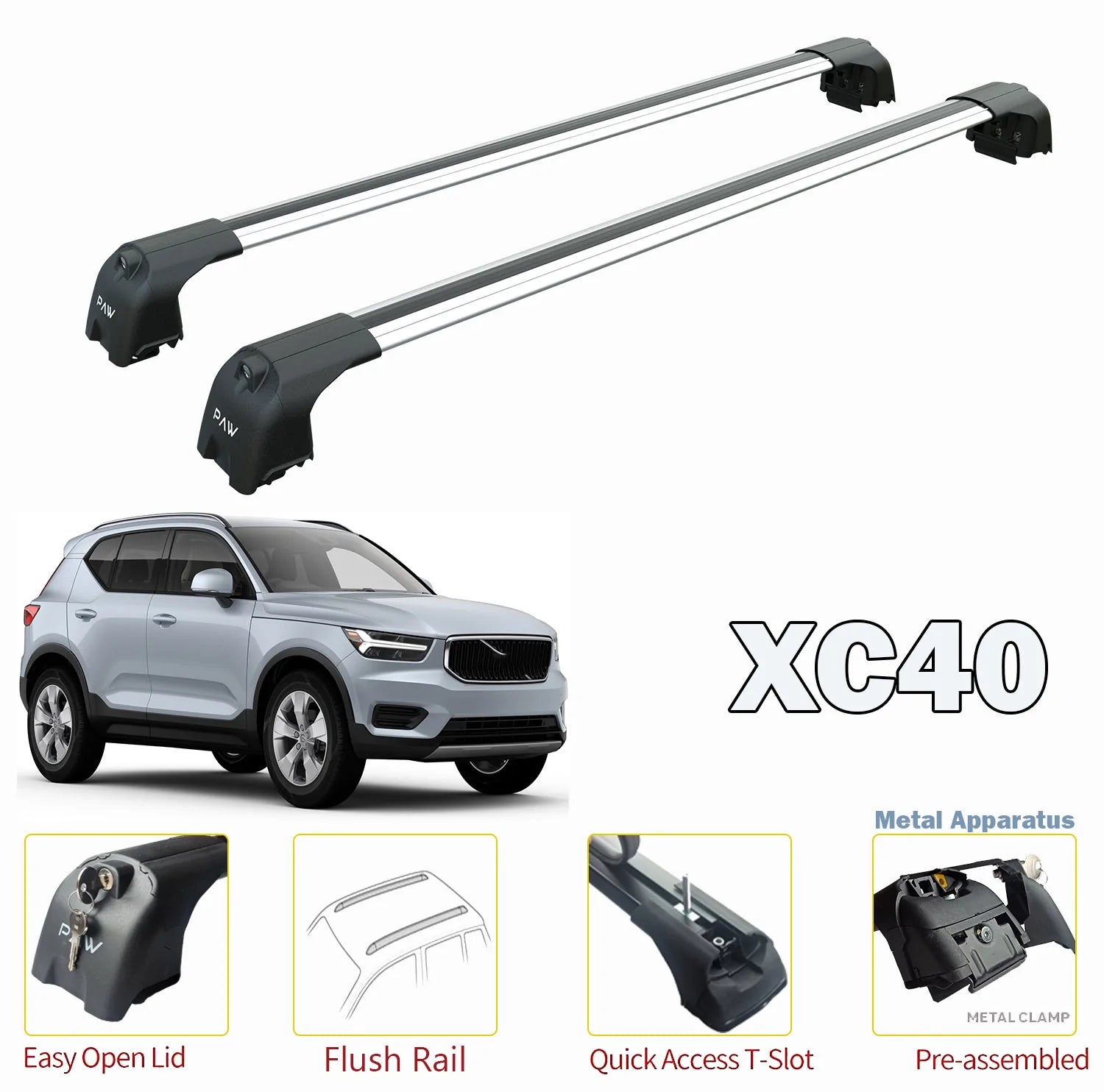 Volvo XC40 Roof Rack Bars For Vehicles With Raised Roof Rails 2017- Silver